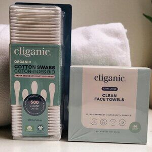 CLIGANIC Organic Cotton Swabs pack 500 Count/Face towels 50‎ count ultra 2 pack